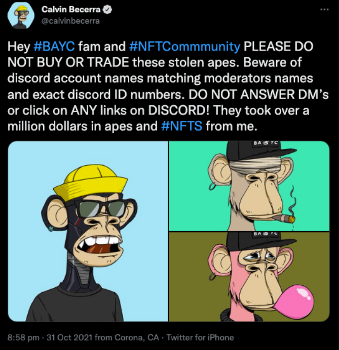 A screenshot of a twitter post from Calvin Becerra urging others to not buy or trade stolen apes - NEST