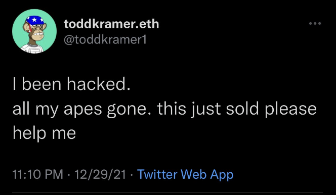 A screenshot of a twitter post from toddkramer.eth about all my apes gone - NEST